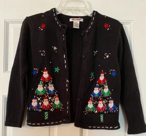 AIR PORT GIRL Cardigan Med Stacked Santa Claus Christmas Trees Ugly Cute Sweater - Picture 1 of 6