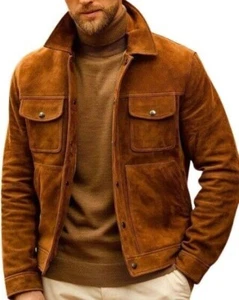Men's Brown Real Soft Suede Lambskin Leather Jacket Casual Style Shirt Coat - Picture 1 of 3