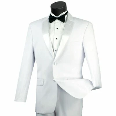 VINCI Men's White Slim Fit Formal Tuxedo Suit w/ Sateen Lapel & Trim NEW - Image 1 of 2