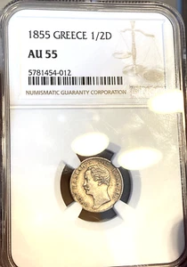 GREECE - 1/2 drachma 1855 AU55 Ngc -NO DOT rare variety!!!! - Picture 1 of 4