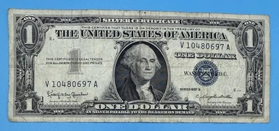 One Dollar 1957B $1 Blue Seal Silver Certificate Note Serial: V10480697 A - Image 1 of 3