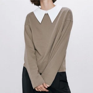 ZARA Women's Oversized Pointed Collar Taupe Sweatshirt Long Sleeve Size Large - Picture 1 of 9