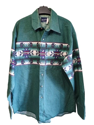 Wrangler Western Shirts Aztec Stripe Green Pearl Snap Long Sleeve Large Band - Image 1 of 4