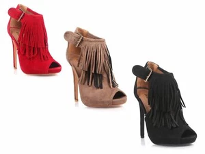 Sexy 3 Colores Moda Imitación Gamuza Flecos Punta Abierta Mujeres Elegante Stiletto Tacones Altos - Imagen 1 de 7