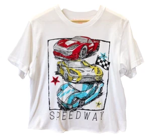 Rebellious One Women Crop T-Shirt White Size M Cotton Graphic SPEEDWAY CARS - Picture 1 of 5