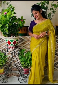 Designer Embroidered Satin Chiffon Crush Silk Saree For Women, Moti, Cutwork - Picture 1 of 18