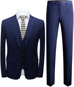 Men's Notch Lapel Stripe 3 Pieces Suit Navy with Blue stripe. - Picture 1 of 5