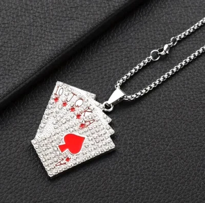 Collar de cadena colgante de jugador de póquer con baraja de cartas recta al ras de plata circonita helada de 24" Foto 1 de 2