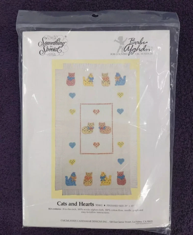 Cats and Hearts Needlepoint Baby Afghan Candamar Designs Special #50461 - Image 1 of 4