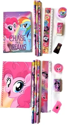 2 My Little Pony conjunto estacionário régua borracha caderno apontador de lápis clipe - Imagem 1 de 4