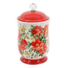 Pioneer Woman Vintage Floral Canister Clear Acrylic Knob Lid Red Base 10-inch