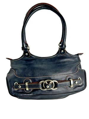 Bolso de Hombro Wilson's de Cuero Guijarro Negro con Borde Marrón Plateado Herrajes Western Foto 1 de 4