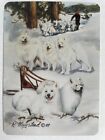 Ruth Maystead Art Playing Swap Card: Samoyed Dogs Breed. Snow Slide Sled Scenery