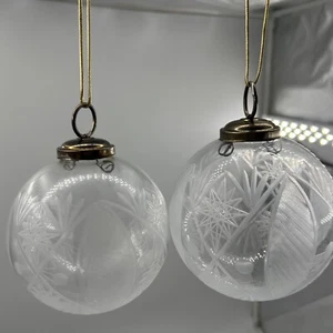 Two VTG India Kugel Style Clear Etched Glass Ball Christmas Ornaments 5” - Picture 1 of 7