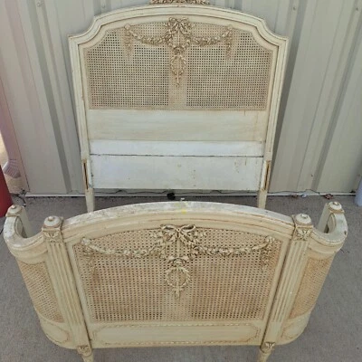 Antiguo marco de cama de bastón francés de 1900 cabecera estribo rieles laterales ornamentado doble Foto 1 de 4