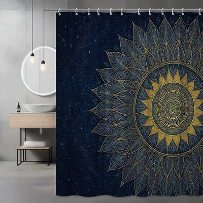 Cortina de Ducha Mandala Dorada - Elegante Patrón de Hojas en Tela Azul Oscuro Foto 1 de 4