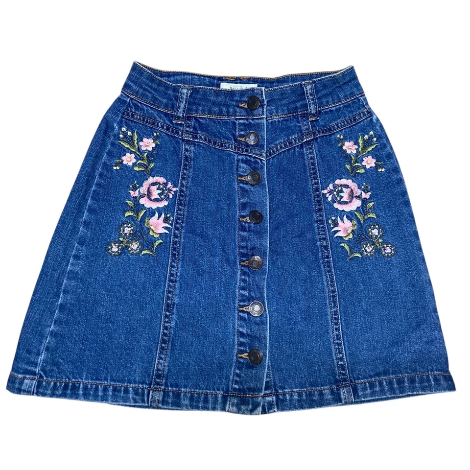 Falda Vaquera Mudd Y2K Años 90 Vintage Línea A Floral Bordada Botón Frontal Talla 0 Foto 1 de 4