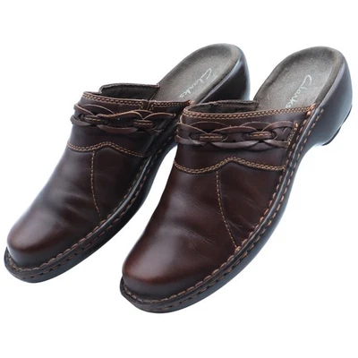 Clarks Leather Mule Clogs Slip on Womens Braided Low Block Heel Wedge 7M Boho - Image 1 of 4