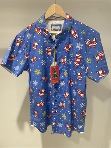 Eighth Avenue Slim Fit Shirt Men Large Blue Christmas Santa Short Sleeve Button - Picture 1 of 10