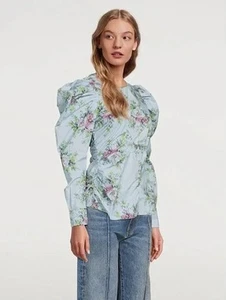 Ganni Printed Cotton Poplin Blouse Blue Floral Size 32/0 - Picture 1 of 6