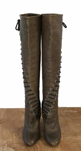 NINA RICCI 37.5 Spiral Laced Loden Gray Green Distressed Leather Knee Boots 7 - Picture 1 of 6