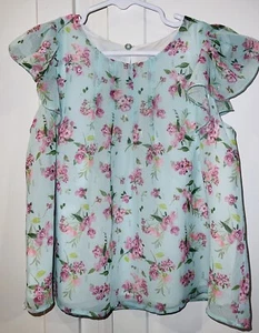 Mayoral Girls Sz 7 Flutter Sleeve Blouse Top, Mint Green Pink Floral - Picture 1 of 6