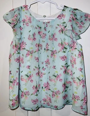 Mayoral Girls Sz 7 Flutter Sleeve Blouse Top, Mint Green Pink Floral - Image 1 of 4