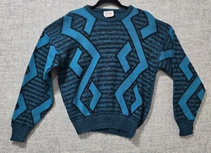 Vintage Edison Knitwear Sweater Mens Medium? Geometric Zig Zag 90s Turquoise Blk - Picture 1 of 14