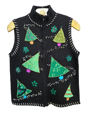 Chaleco Suéter De Colección Años 90 Punto de Referencia Feo Árbol de Navidad Copos de Nieve Cuentas Cremallera M Foto 1 de 4