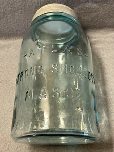 Antique Atlas Strong Shoulder Mason Blue Glass Quart Canning Jar Zinc Lid 7"Tall - Bild 1 von 24