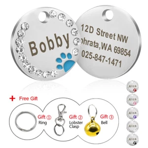 Engraved Dog Tags Disc Disk Cute Paw Rhinestone Personalised Cat Pet ID Name Tag - Picture 1 of 18