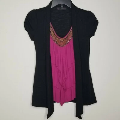 Heart Soul Womens Juniors Top Size MED Black Pink Layer-Look Beads Ruffle Blouse - Image 1 of 4
