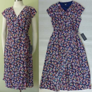 NWT Tommy Hilfiger Blue Red Floral Print True Wrap Midi Dress Size 8P $129 - Picture 1 of 12