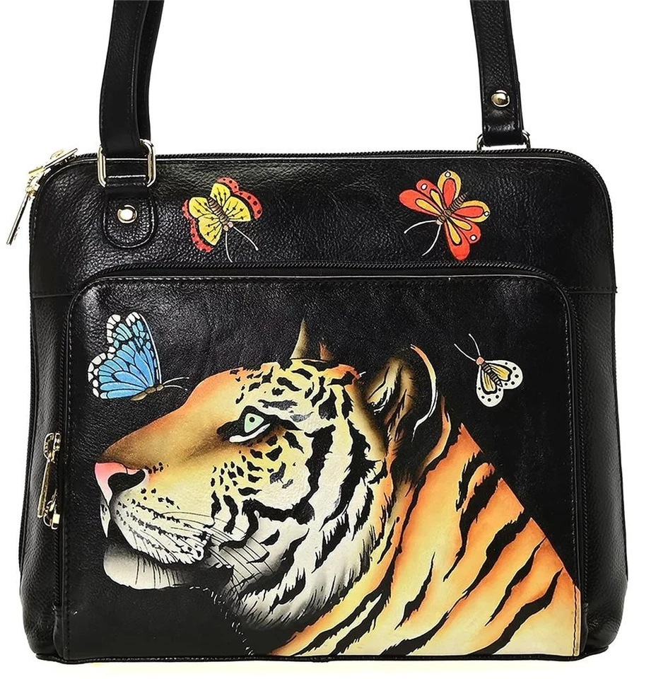 NUEVO - Bandolera Anuschka de cuero pintado a mano con cremallera alrededor - TIGRE CON MARIPOSAS Foto 1 de 1