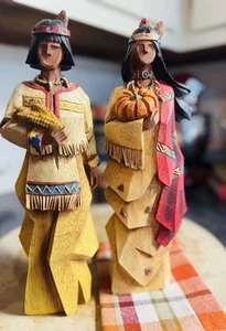 Conjunto de par de estatuillas de indios nativos americanos Pacific Rim estatua de acción de gracias cubista - Imagen 1 de 8