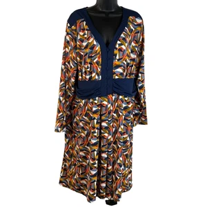 Jessica London Long Sleeve Dress Size 18 Geometric Pattern Blue Gold Fit & Flare - Picture 1 of 16