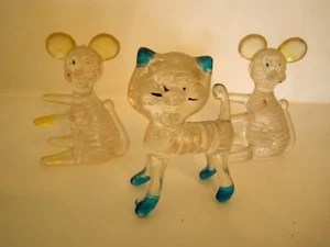VINTAGE ANIMAL FIGURES~CLEAR LUCITE~2 MICE, 1 CAT~COLOR ACCENTS~HONG KONG - Picture 1 of 7