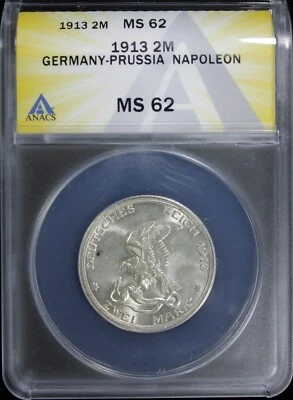 1913 GERMAN PRUSSIA 2 MARKS NAPOLEON DEFEAT ANACS MS-62 (2531944) - Image 1 of 4