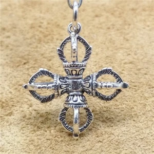 925 Sterling Silver Double Dorje Pendant Buddshim Buddhist Charm for Necklace - Picture 1 of 5