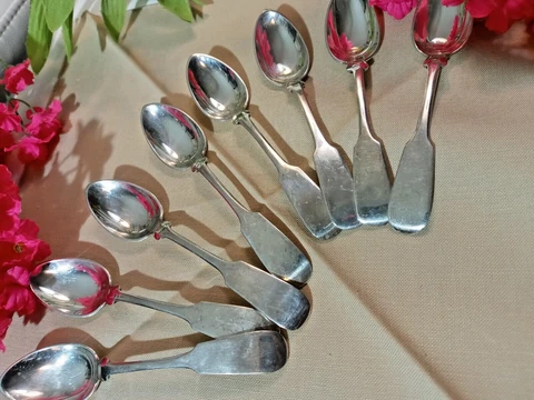 4.5" IN SET OF 8 ANTIQUE STERLING SILVER DEMITASSE SPOONS BY GEORG JENSEN INC Cover