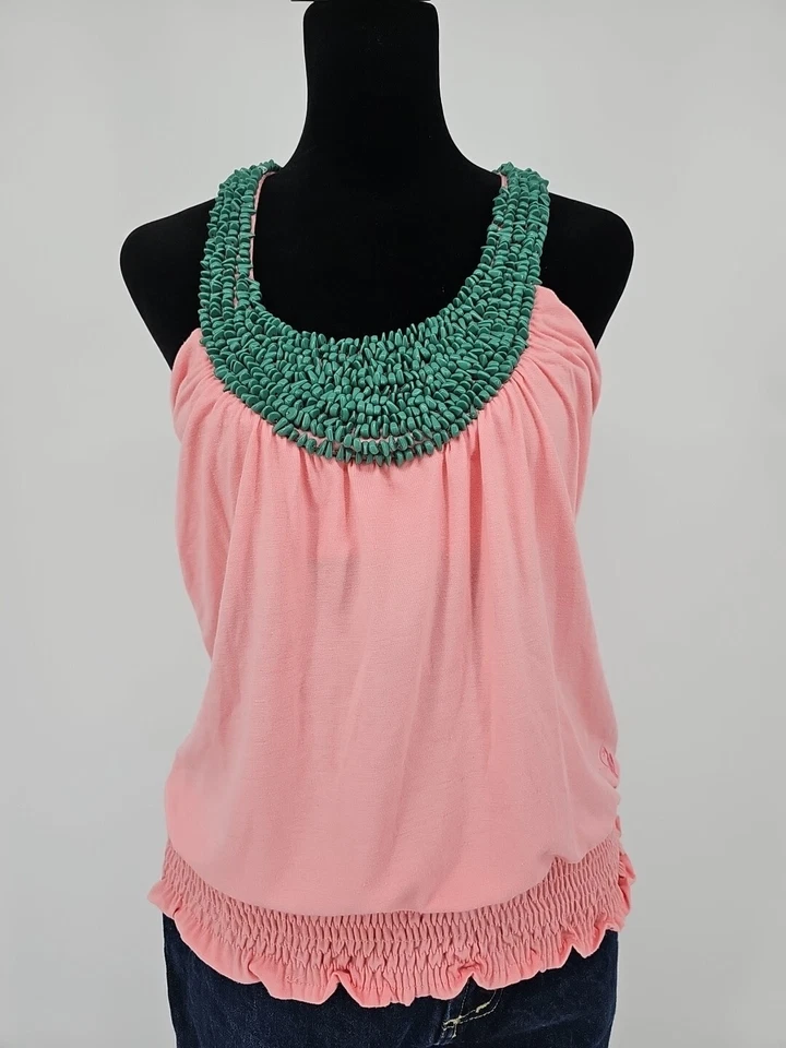 Top vintage Baby Phat Y2K pequeño rosa con cuentas escote con volantes dobladillo hip hop boho Foto 1 de 4