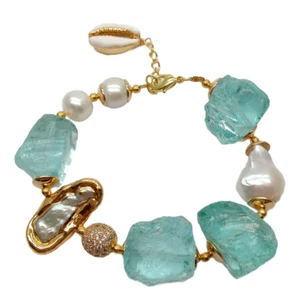 Cultured Biwa Pearl White Keshi Pearl Blue crystal Rough strand Bracelet 8" - Picture 1 of 7