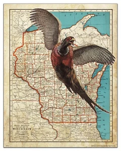 Pheasant Hunting Wisconsin State Map Art Print Vintage Fishing Cabin Wall Decor - Picture 1 of 1