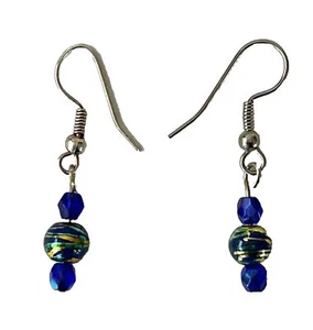 Peacock Bead Earrings Blue Green Dangle Drop Silver-tone Hook Back Pierced - Picture 1 of 4