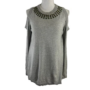 DG2 Gray Cold Shoulder Sweater Rhinestone Embellished Neckline Bling Small - Picture 1 of 8