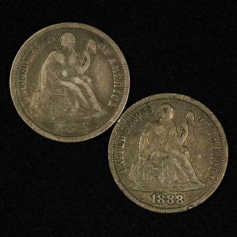 1885 & 1888 10c Seated Liberty Dime Pair - Free Shipping USA Cover
