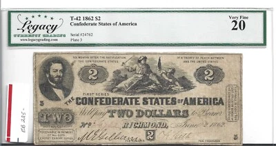 1862 CONFEDERATE T-42 NOTE LEGACY VF20 SCARCER PLATE 3 - Image 1 of 4