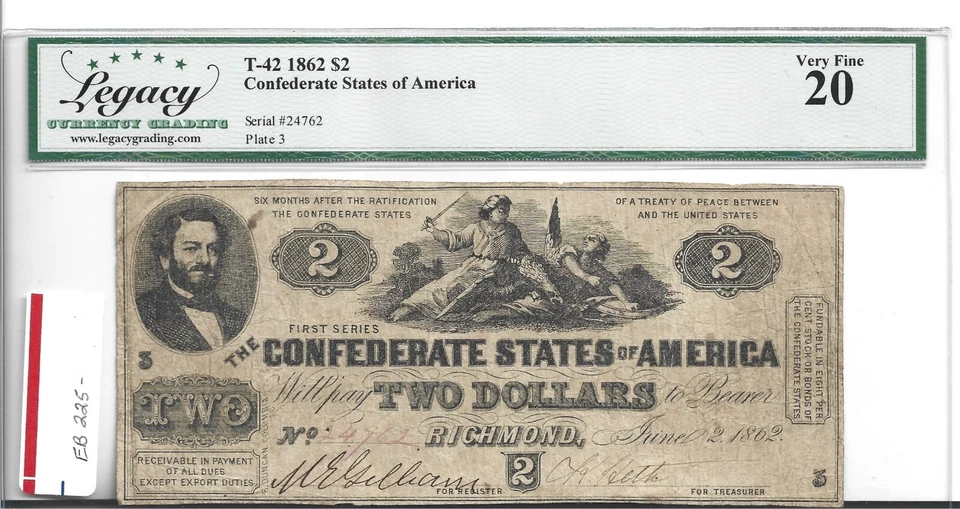 1862 CONFEDERATE T-42 NOTE LEGACY VF20 SCARCER PLATE 3 - Image 1 of 4