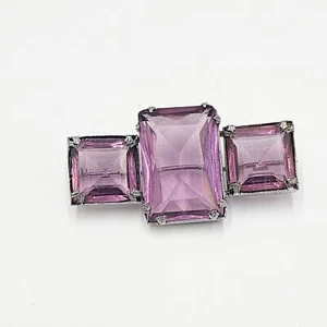 Vintage Art Deco Czech Silvertone Faceted Amethyst Glass Brooch Purple Geometric - Picture 1 of 4