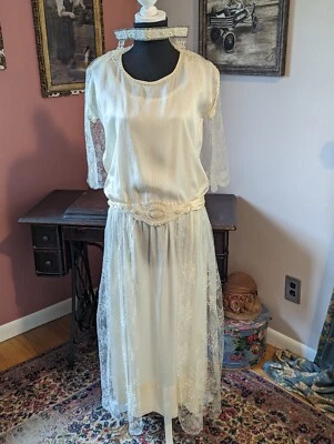 Increíble Vestido de Novia Antiguo 1923 Bandeau Diadema Encaje Cuentas Perlas Estrás Foto 1 de 4